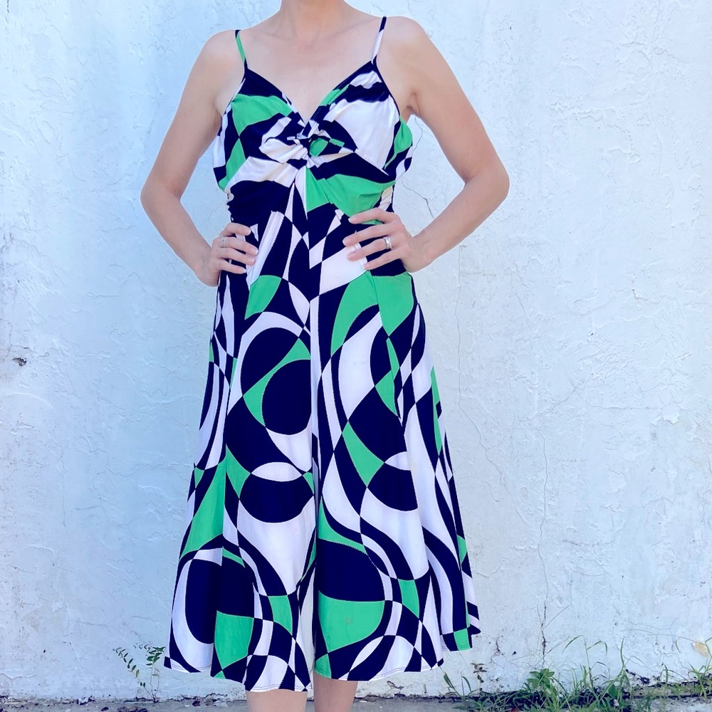 Sharon Max Black White Green Abstract Pint Tie Front Knot Tank Sleeveless Dress!
